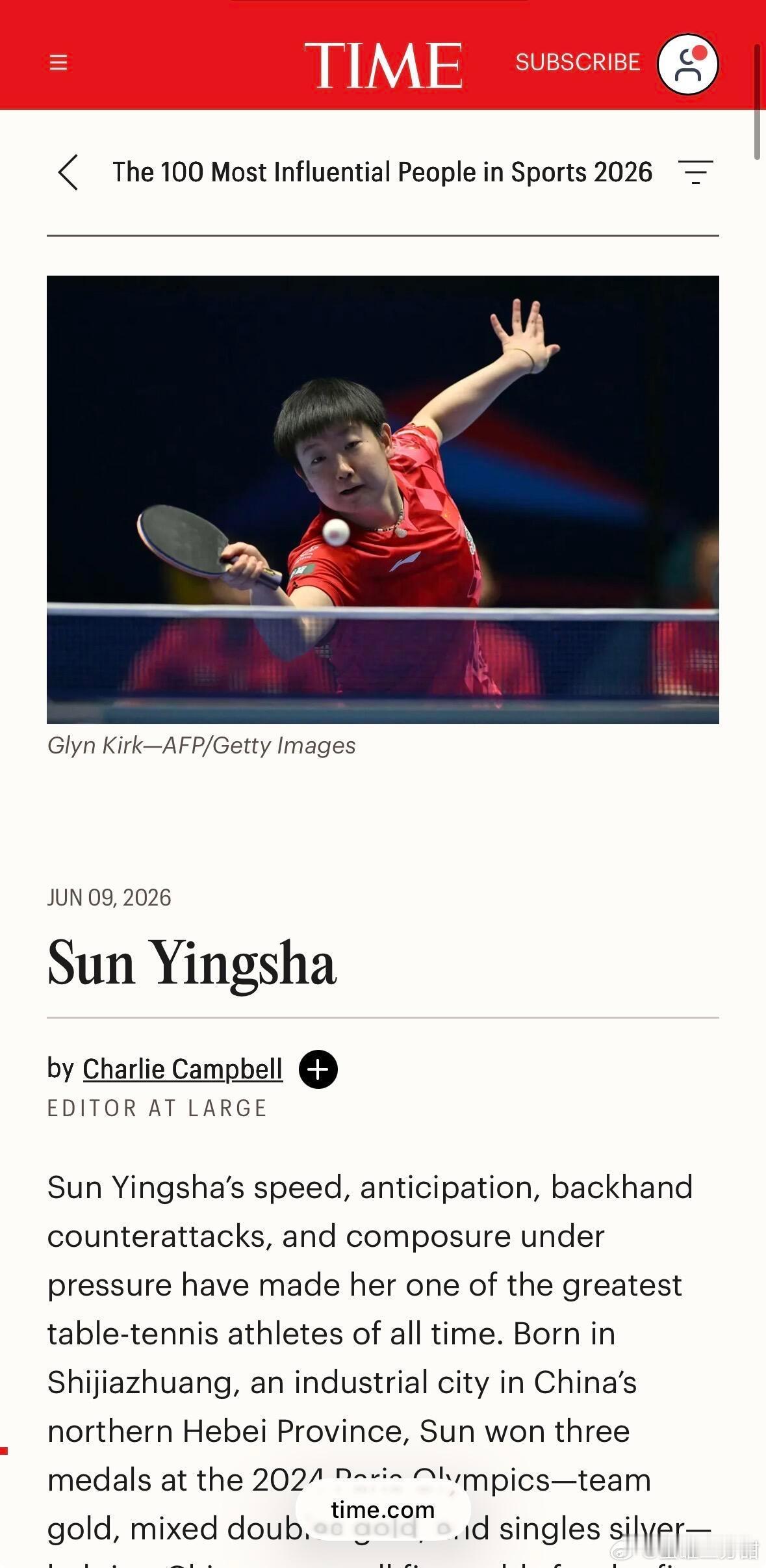 孙颖莎入选《时代》2026年最具影响力运动员！中国运动员共两位上榜，《时代》评价