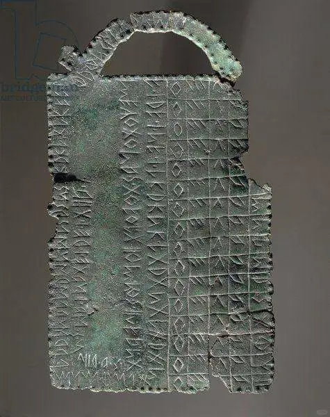 伊特鲁里亚字母表石板（公元前 5 世纪），刻在青铜板上，上面刻有字母序...