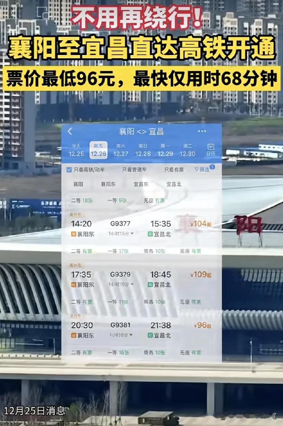 据襄阳日报最新消息，12月25日网上开始发售襄阳至宜昌段高铁票，襄阳到宜昌的高铁