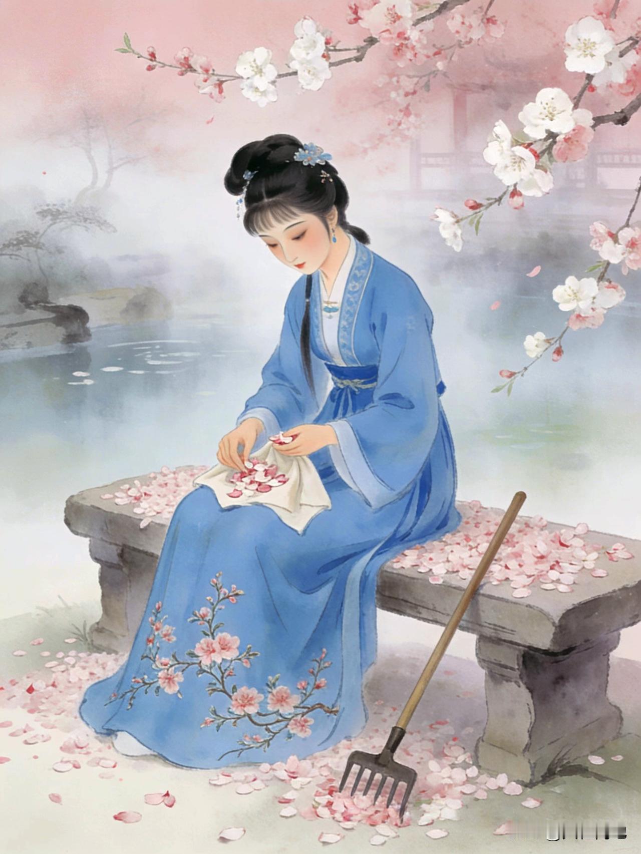 【十楼杂记】我让豆包画一幅黛玉葬花图。豆包画了四幅，我喜欢第三幅。
黛玉坐在石凳