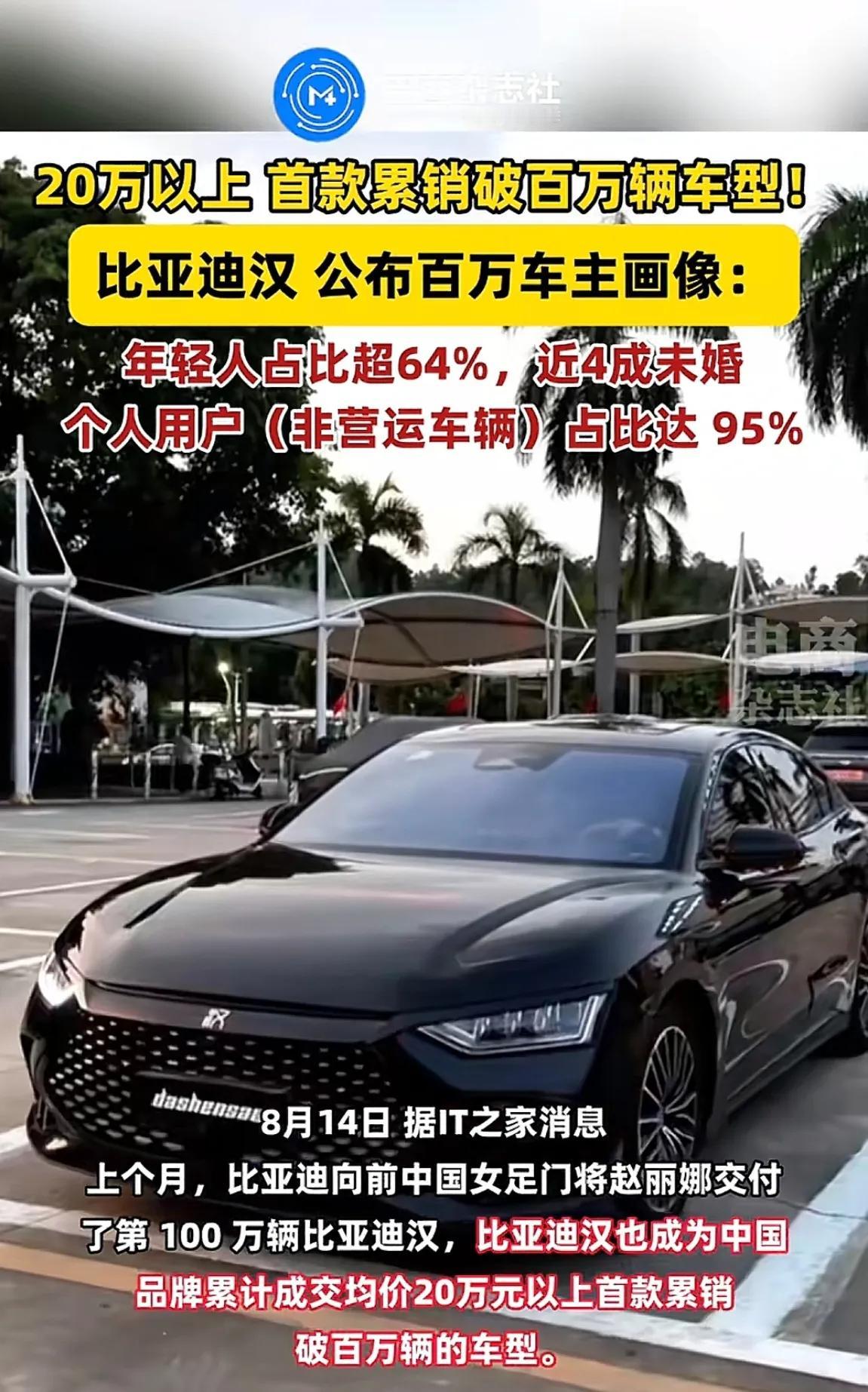 比亚迪汉作为20万级别的车销量突破百万，国产B级车的标杆，之前很多国产车冲击B级