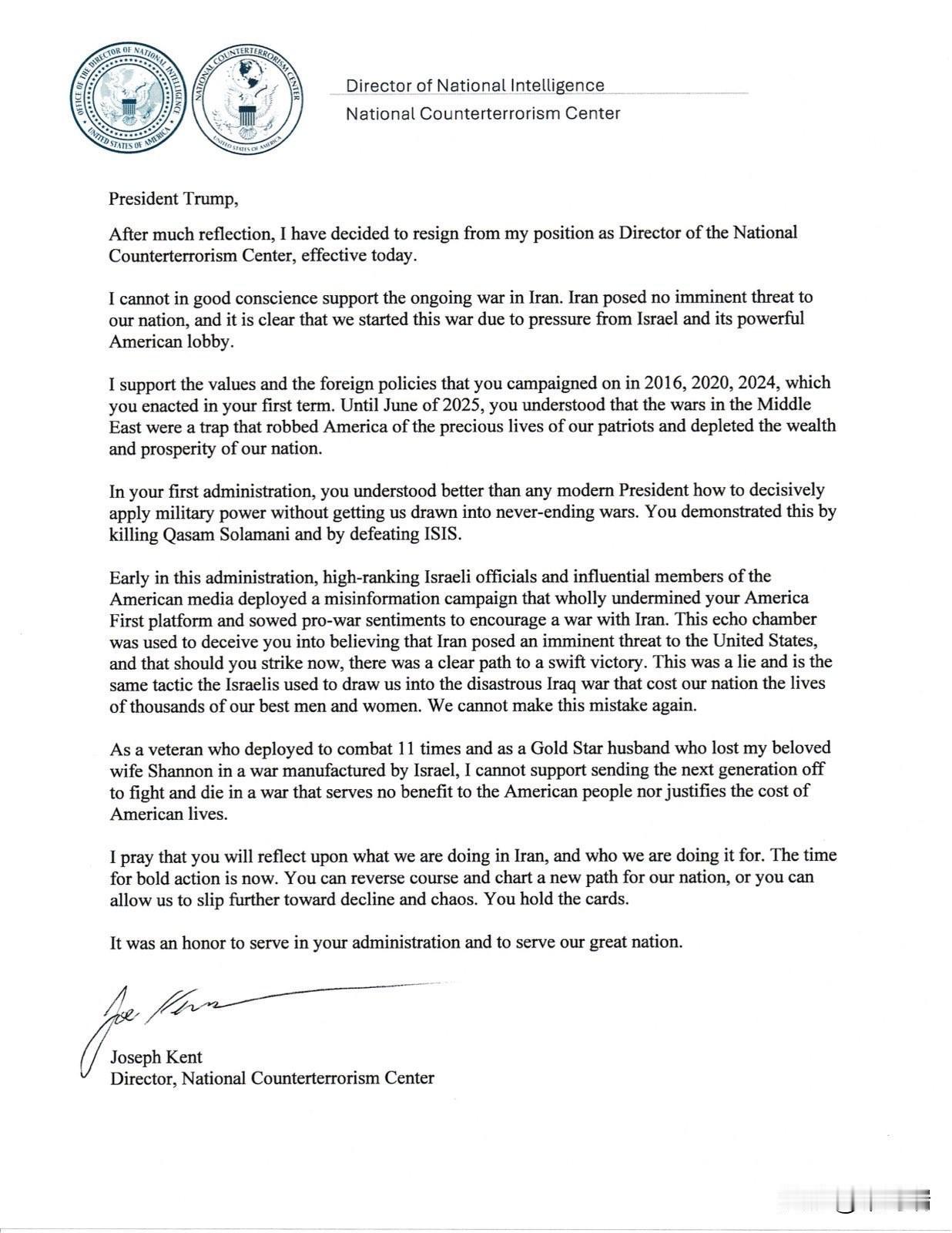 突发：美国国家反恐中心主任乔·肯特（Joe Kent）今天辞职。

辞职信直接递