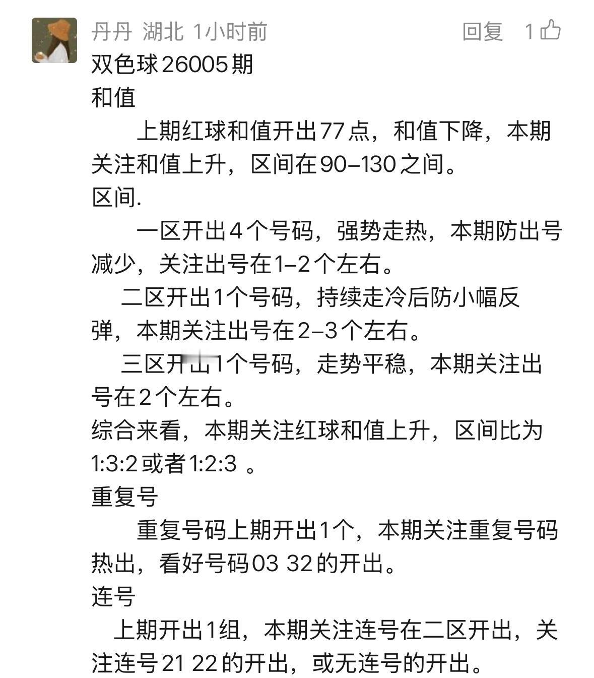 湖北辛丹丹今日预测虽稍迟却值得期待，双色球第26005期，她为诸位呈现的“6+2
