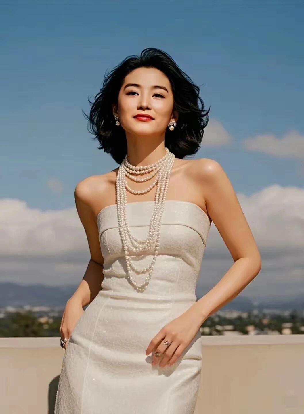 林青霞年轻时戴珍珠项链拍写真，可能是因为如今的林青霞胖了，所以大家看不出她美过。