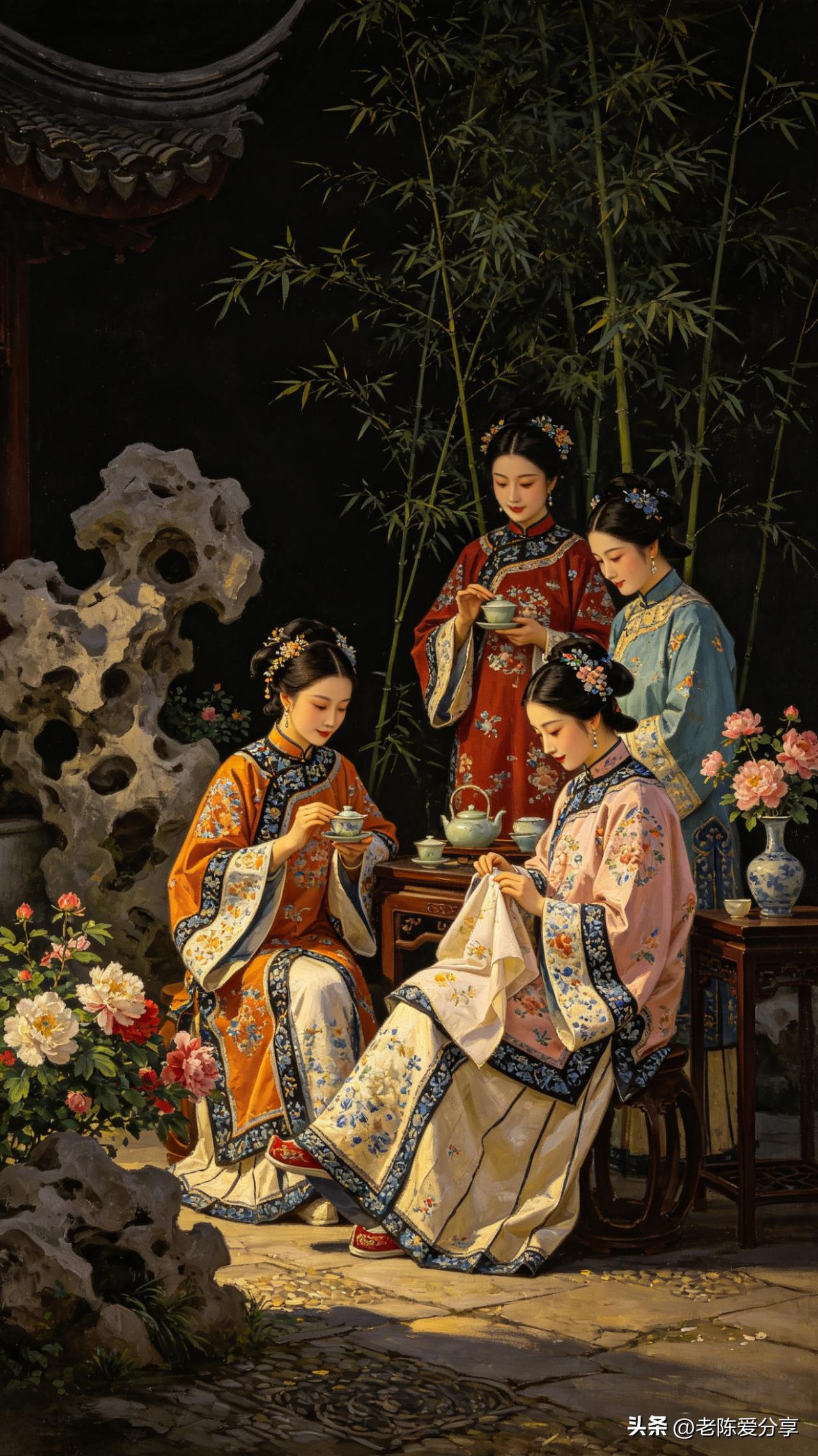 《鹧鸪天·庭院春深》

翠竹摇风掩画堂，
太湖石畔试新妆。
红炉煮水茶烟细，
粉