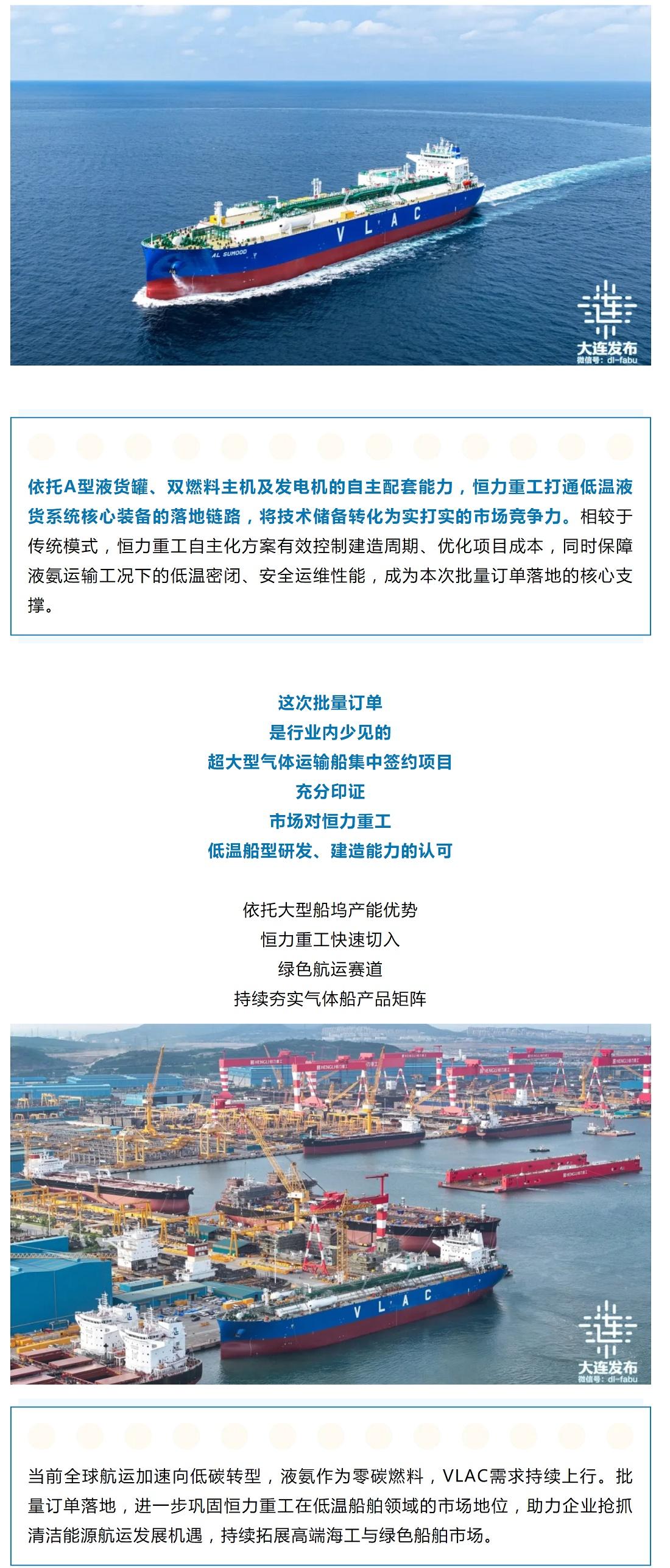 【全球第一！恒力重工一周连签11艘VLAC建造合同】近日，恒力重工低温气体船订单
