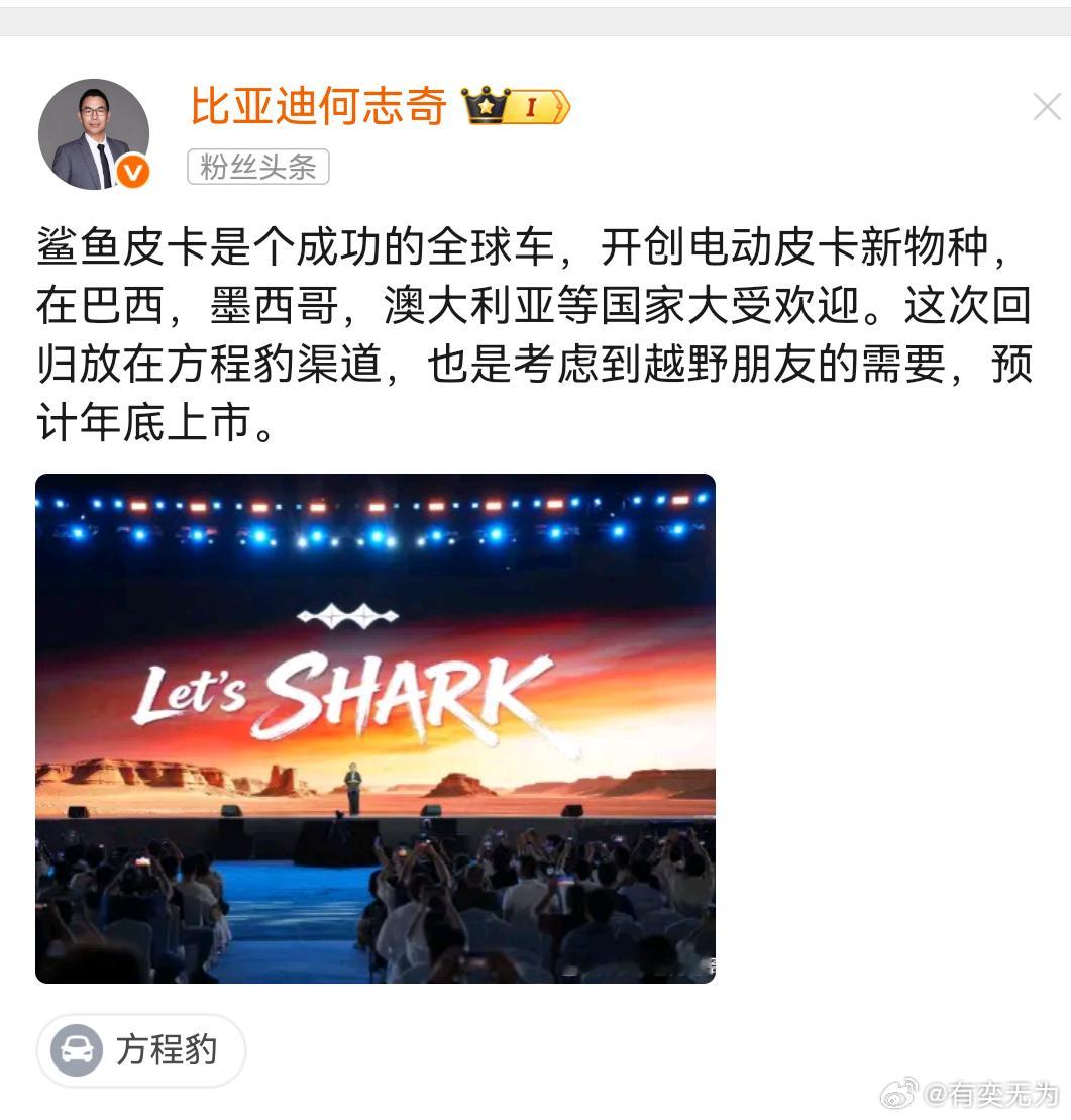 十分看好鲨鱼皮卡以方程豹身份重返国内市场。依托比亚迪硬核新能源技术积淀，方程豹本