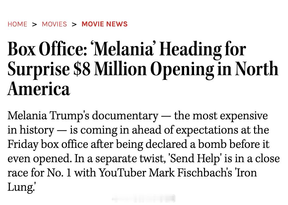 本周上映的由Brett Ratner执导的纪录片<Melania>周末票房意外走