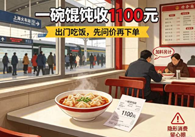 女孩上海站吃馄饨被收1100，报警后老板一句话，她当场跪了