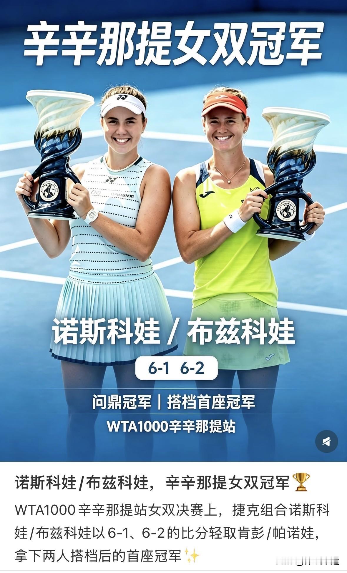 🇨🇿诺斯科娃搭档同胞布兹科娃首夺WTA1000巡回赛冠军🏆

WTA100