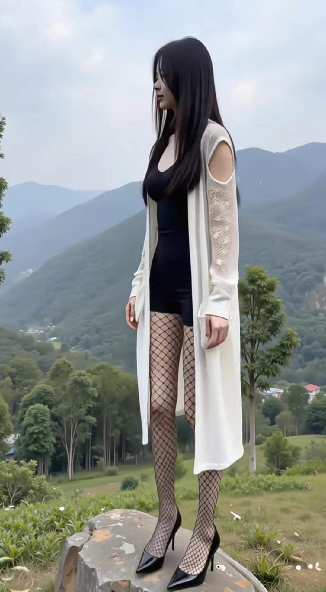 黑丝高跟正常穿搭的美女虽然很性感动人，但却有点太寻常可见。黑色渔网搭配斩男神器红