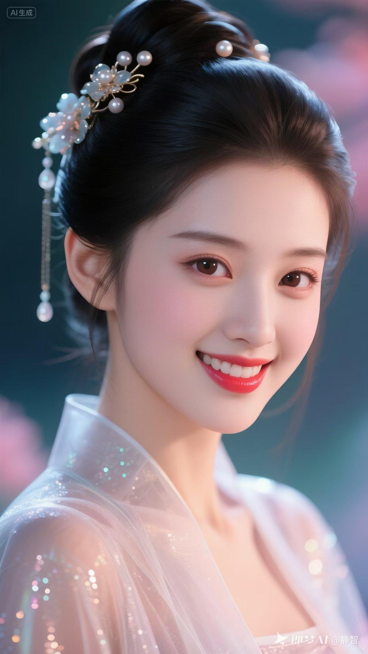 清丽簪花轻绾青丝，繁花衬得佳人温婉雅致，嫣然一笑温婉明媚，笑意澄澈治愈人心，眉眼