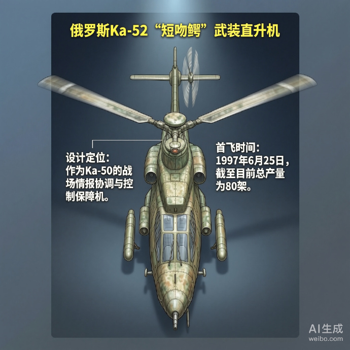 军事ai新视野 俄罗斯Ka-52“短吻鳄”直升机机身长度：15.96米机身高度：