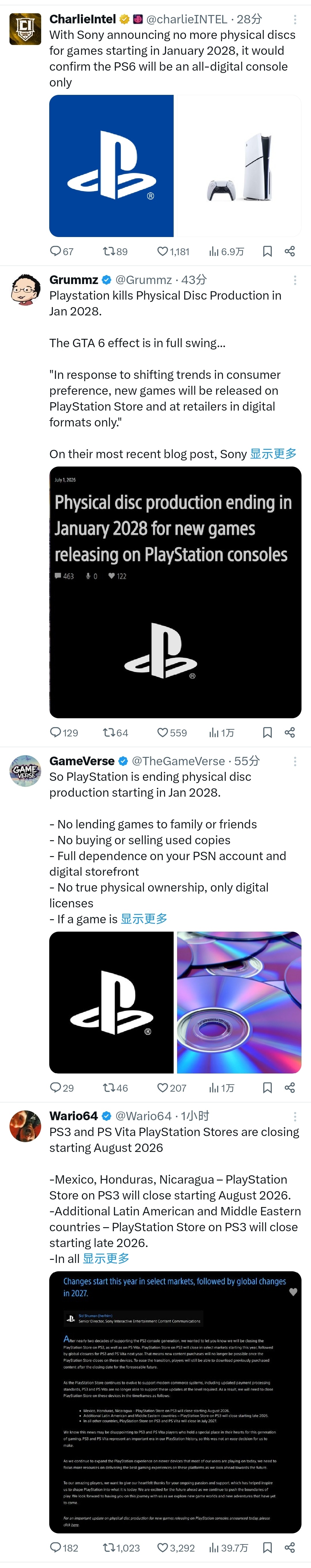 索尼宣布取消实体版游戏卧槽，刚去X上看了一眼，时间线上扑面而来全是聊PlaySt