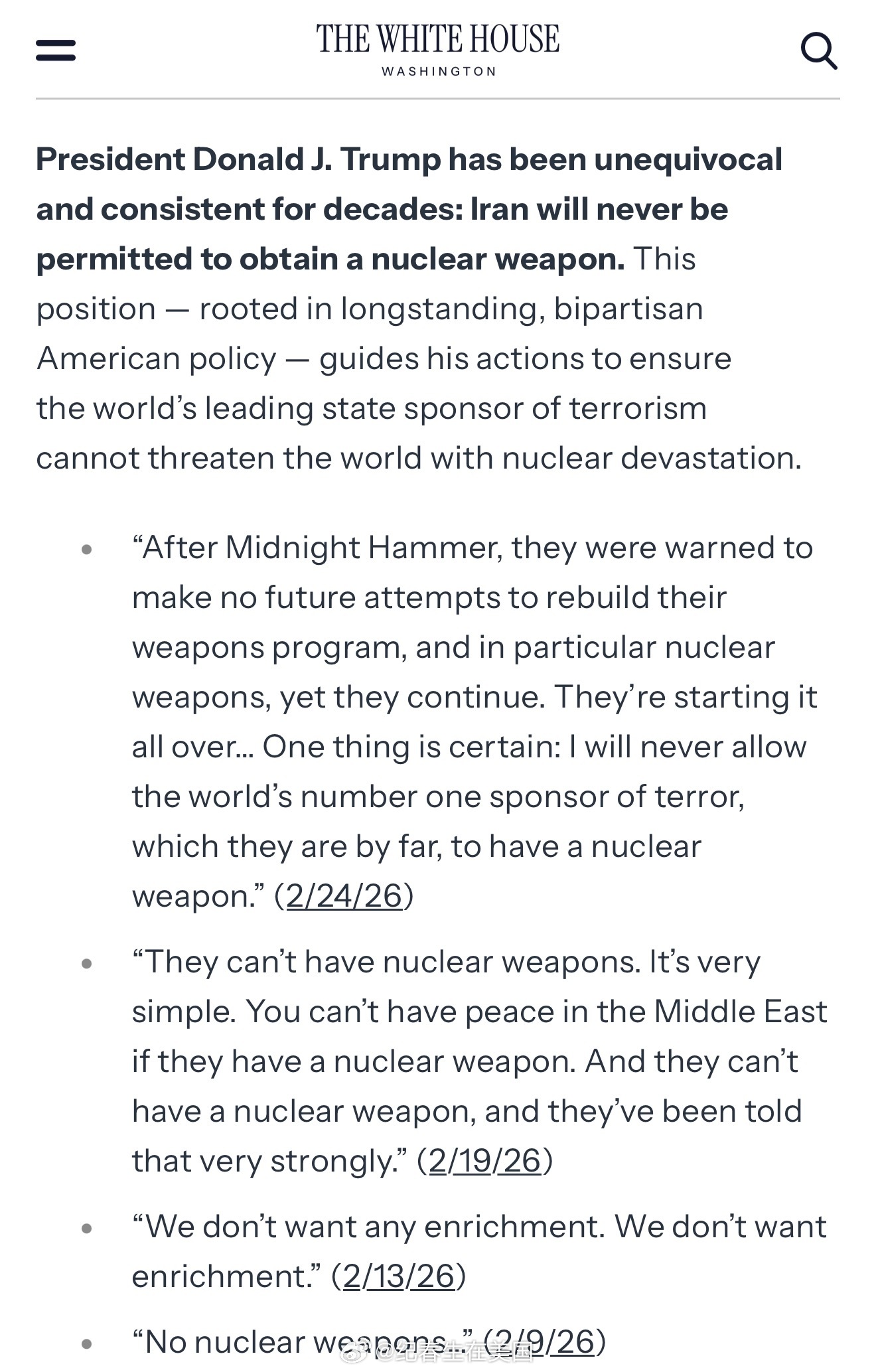 白宫做了个网页，列出了川普从2011年以来74次表态绝不允许伊朗获得核武器的言论