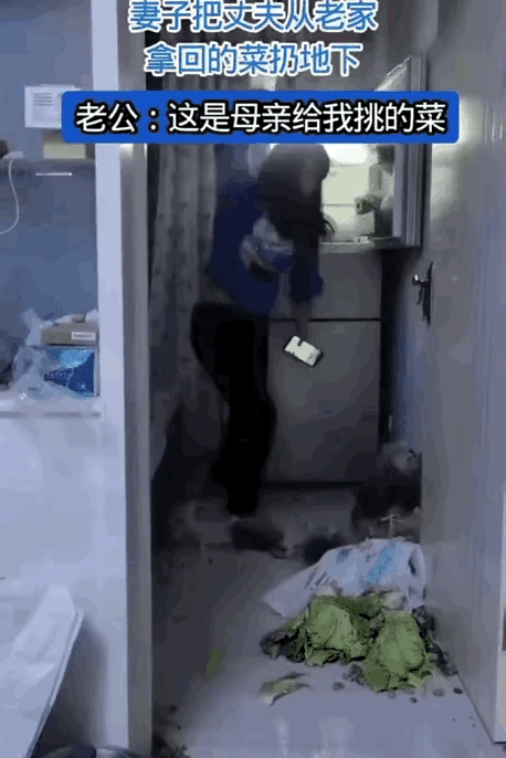 男子回了趟老家，从老家带回来妈妈种的青菜！回来后随手放进了冰箱里！

妻子下班后
