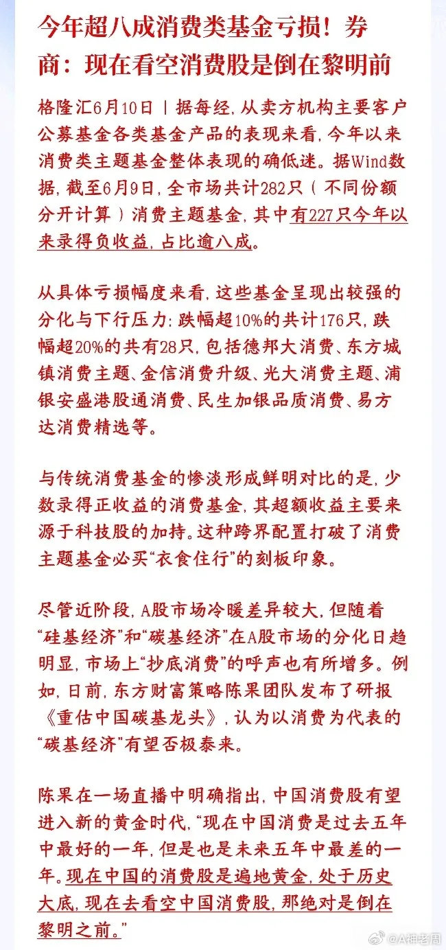 买消费基金的基民真的太惨了，不过券商机构持续看好消费今年八成多消费主题基金都亏了