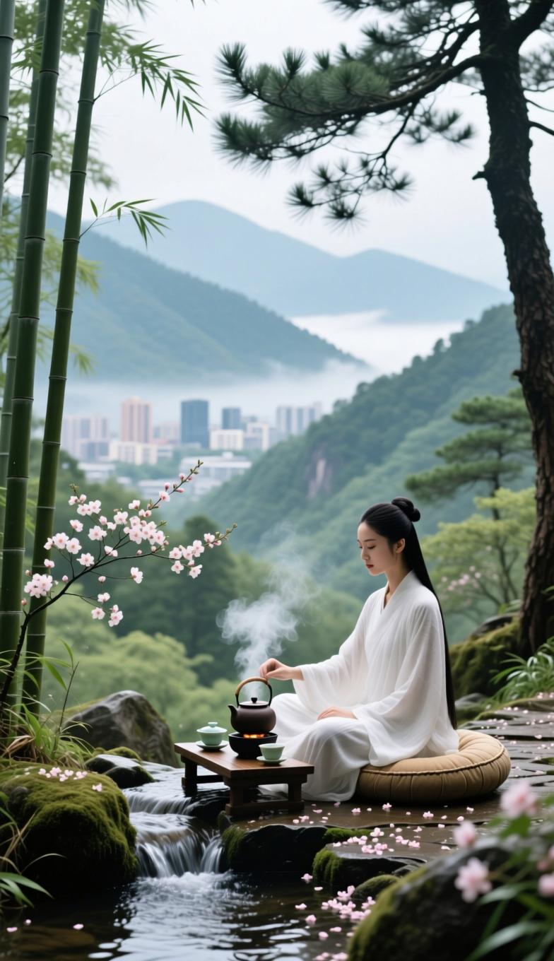 七律•山居禅心
 
松岭清幽远市哗，蒲团静坐对烟霞。
山泉煮露烹清茶，竹径临风赏