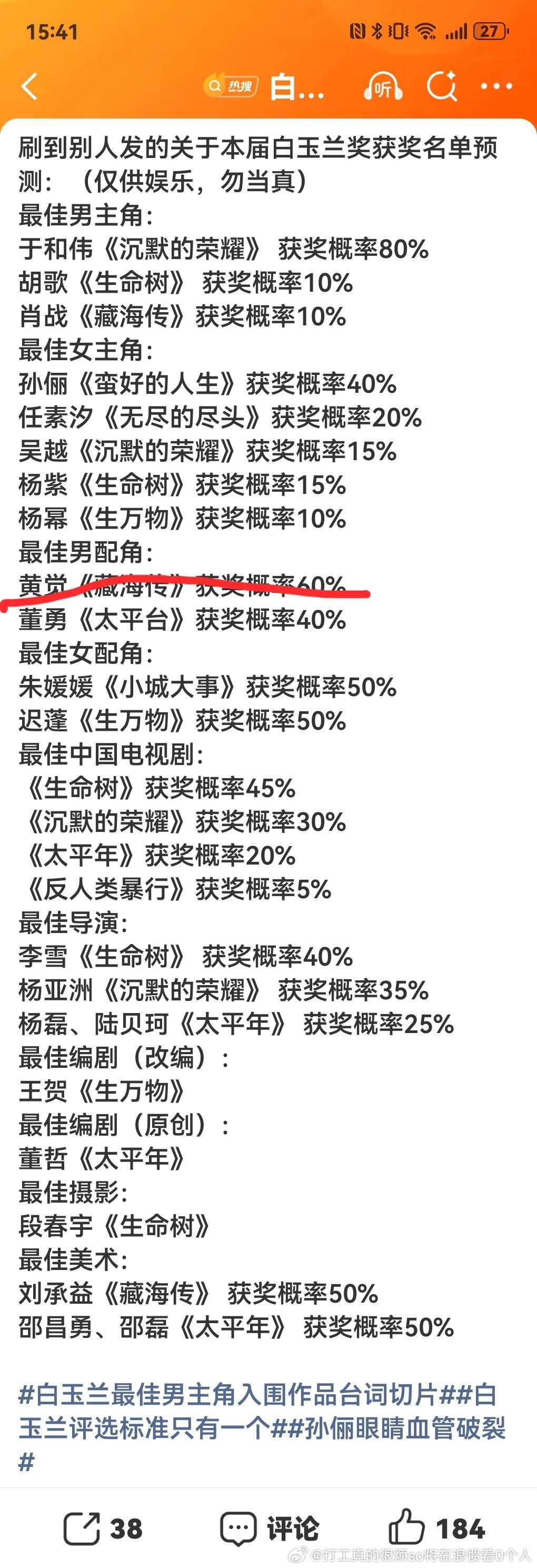 冷知识：黄觉藏海是配音悄悄混进去了，混进去提名就算了，配音拿怎么可能人胡虾销号多