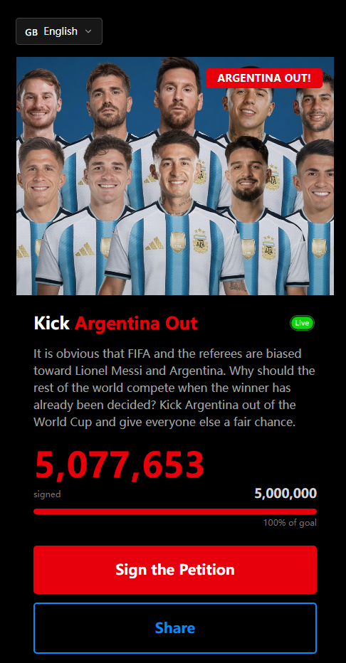 更新一下，现在请愿的已经超过500万了...超250万人请愿将阿根廷逐出世界杯超