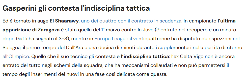 萨拉戈萨被弃用的原因：加斯佩里尼对他的“战术纪律性”不满，没能融入体系。 