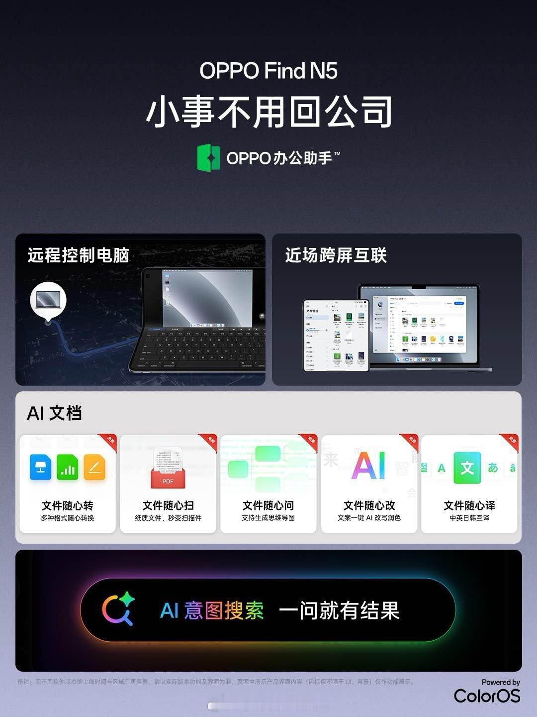 OPPO Find N5在高效体验上也有很多升级，与Mac无缝互联协同、AI意图