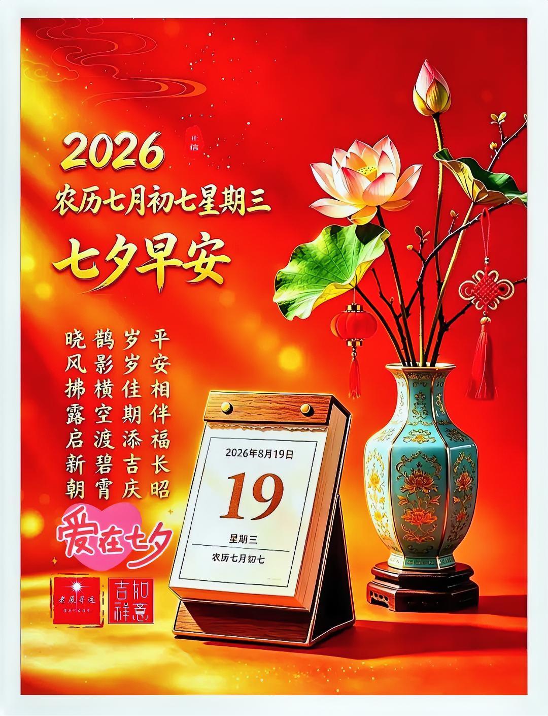 七夕早安！朝霞映照红莲，日历翻开新篇。愿爱长伴朝夕，岁岁平安有福。祝你今日好运爆
