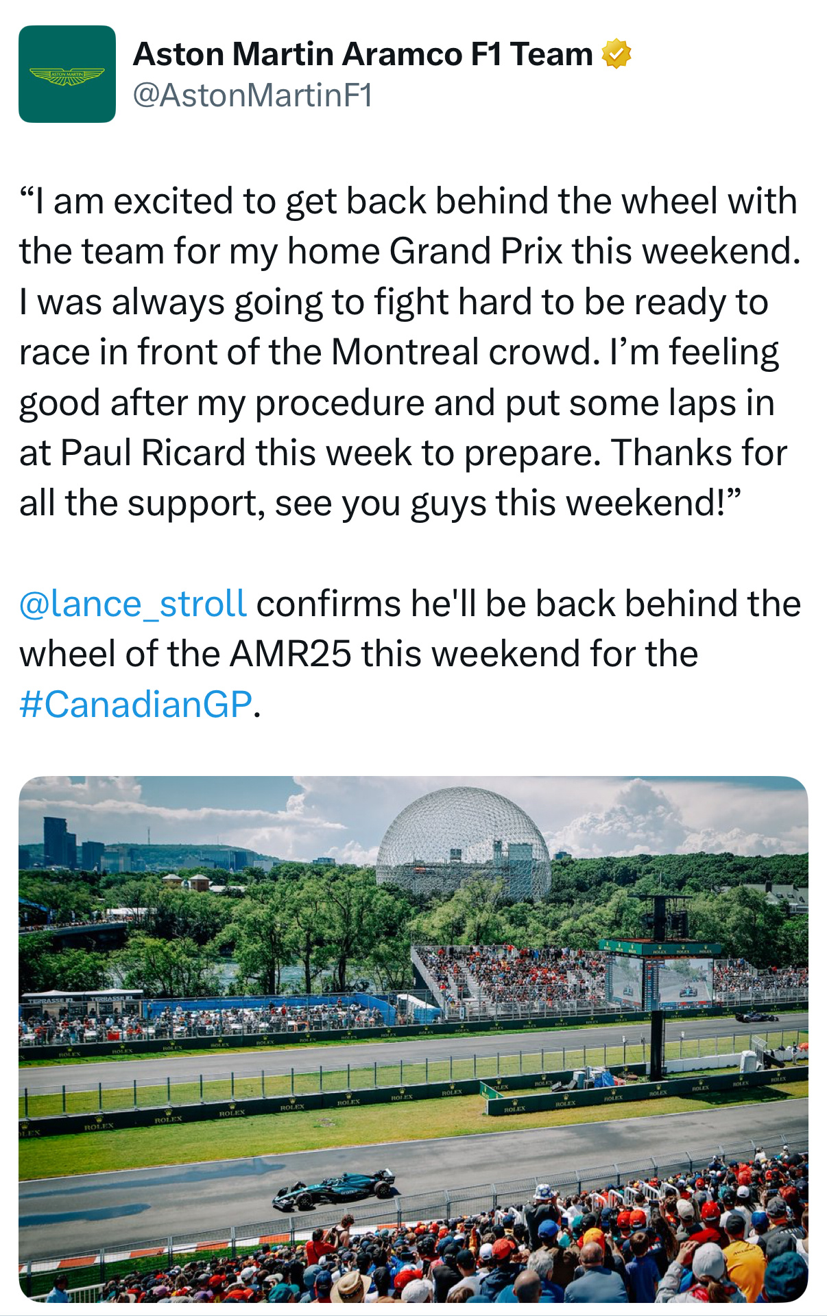 F1 阿斯顿·马丁车队确认斯托尔将参加本周末的加拿大大奖赛！斯托尔表示本周他还在