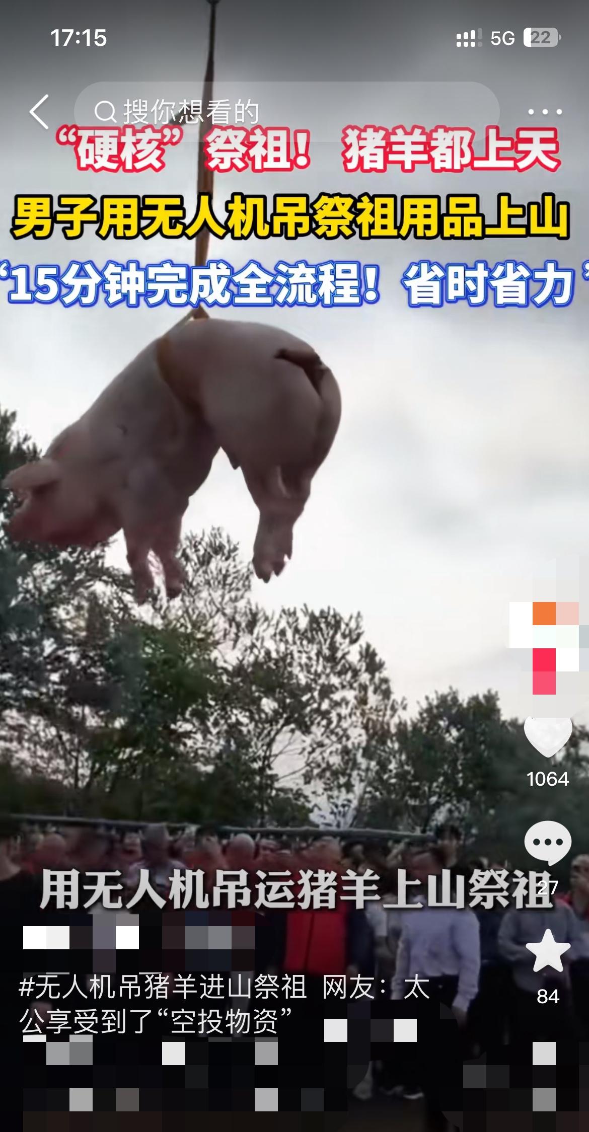 200斤大肥猪满天飞？梅州大哥用无人机运祭品惊呆路人！
“爸，这几百斤的猪羊要是