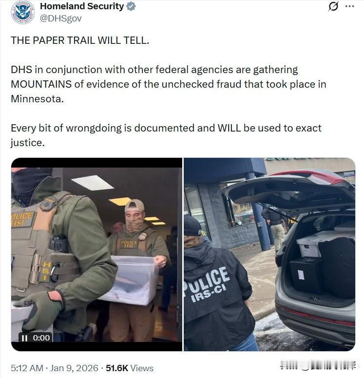 纸面证据终将说话

国土安全部正会同其他联邦机构，收集明尼苏达州肆无忌惮的欺诈行