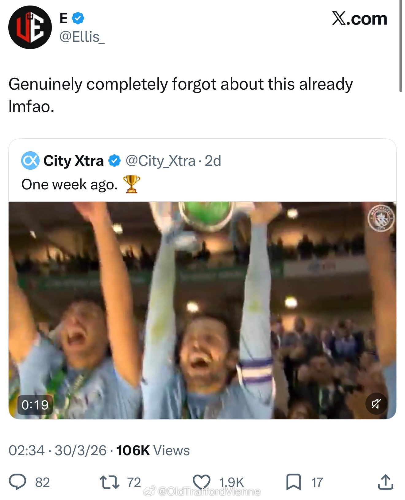 曼城大V发推：就在一周前我们举起联赛杯冠军其他球队球迷转发：这就是为什么我们希望