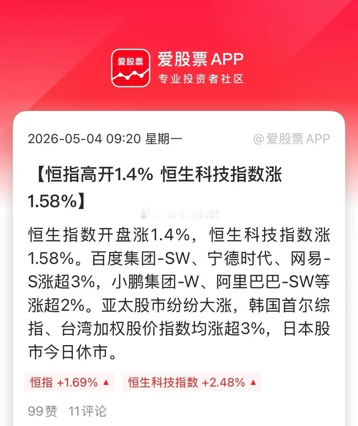 A股五一长假的首个交易日，港股大涨，韩股大涨，台湾股市大涨！还是熟悉的节奏啊，我