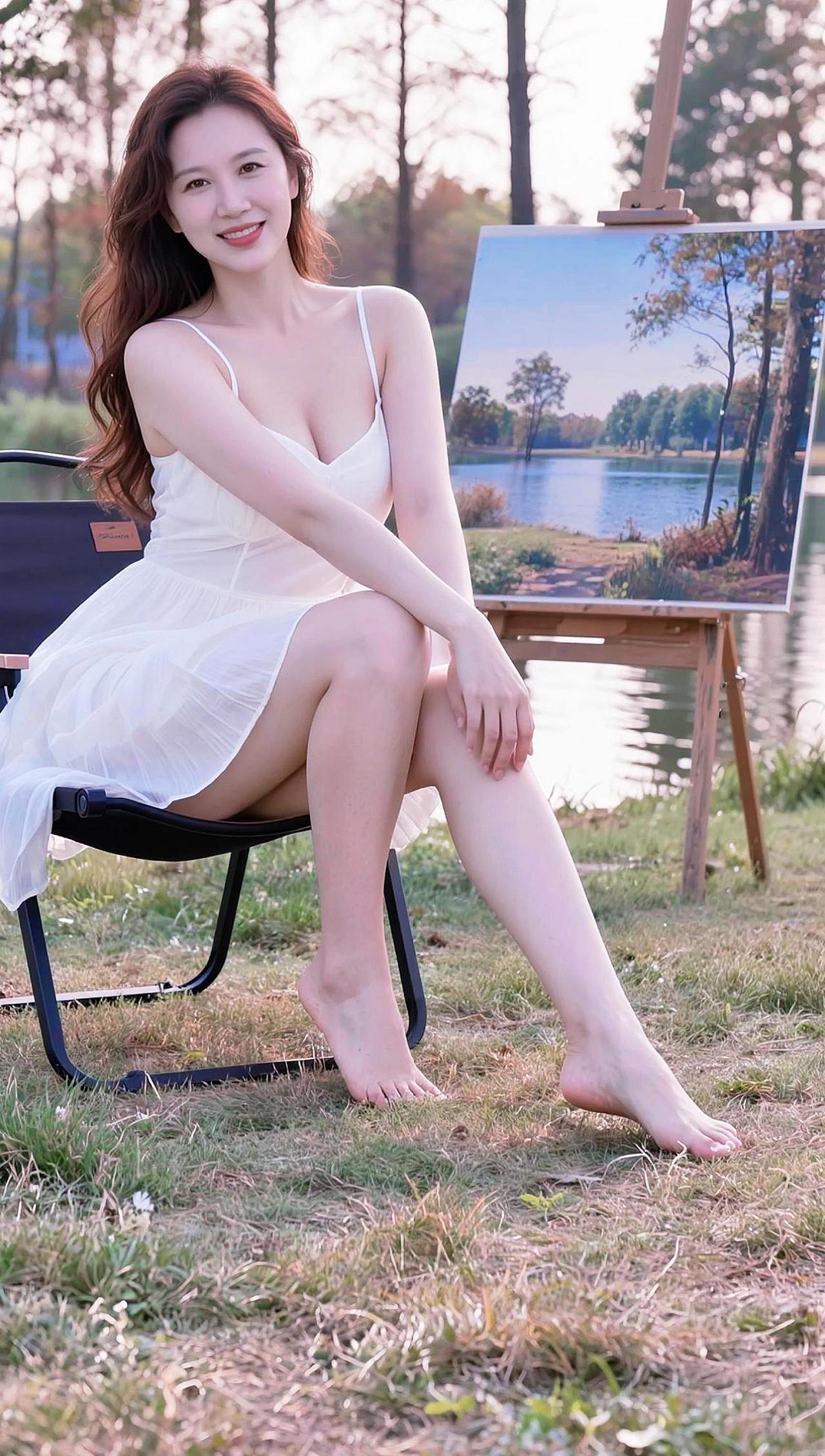 制作人富贵荣华在柔和的光线下，她仿佛是自然的一部分，与周围的景色融为一体。那件轻