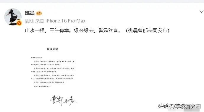 姚晨曹郁官宣离婚，没有撕逼、没有狗血剧情，直接来了个“顶级体面局”！
 
多年前