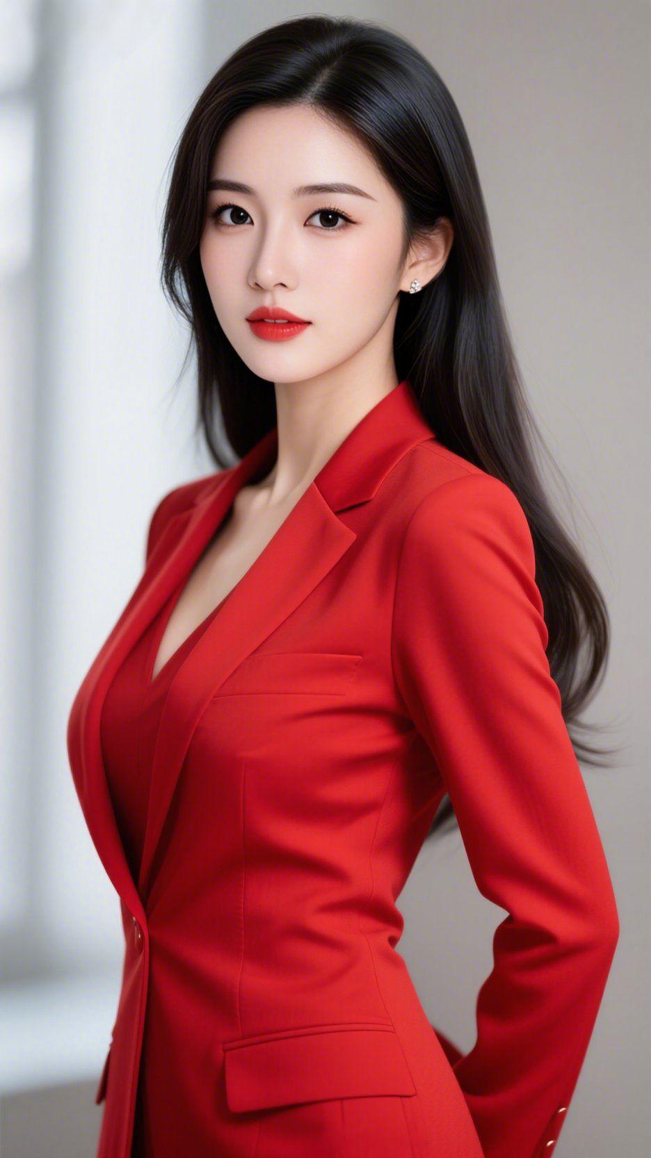 《炽红西装的利落雅韵》
 
炽红西装裹着挺括质感，版型的轮廓如轻展的焰光，衬着舒