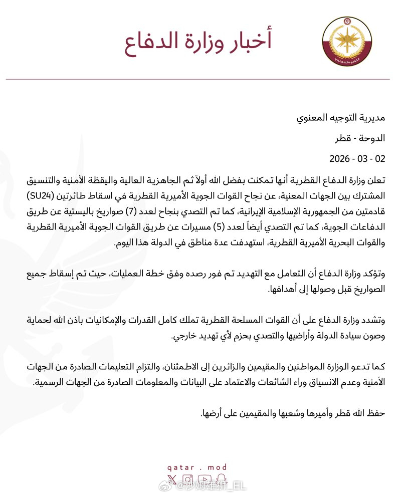 最新：卡塔尔国防部发表声明，宣称卡塔尔空军击落伊朗的两架苏-24战斗轰炸机。 