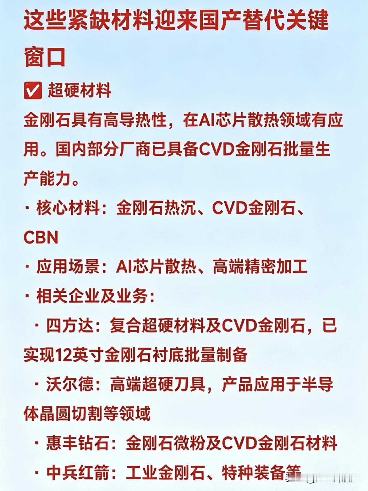 这些紧缺材料迎来国产替代关键窗口
✅ 超硬材料
金刚石具有高导热性，在AI芯片散