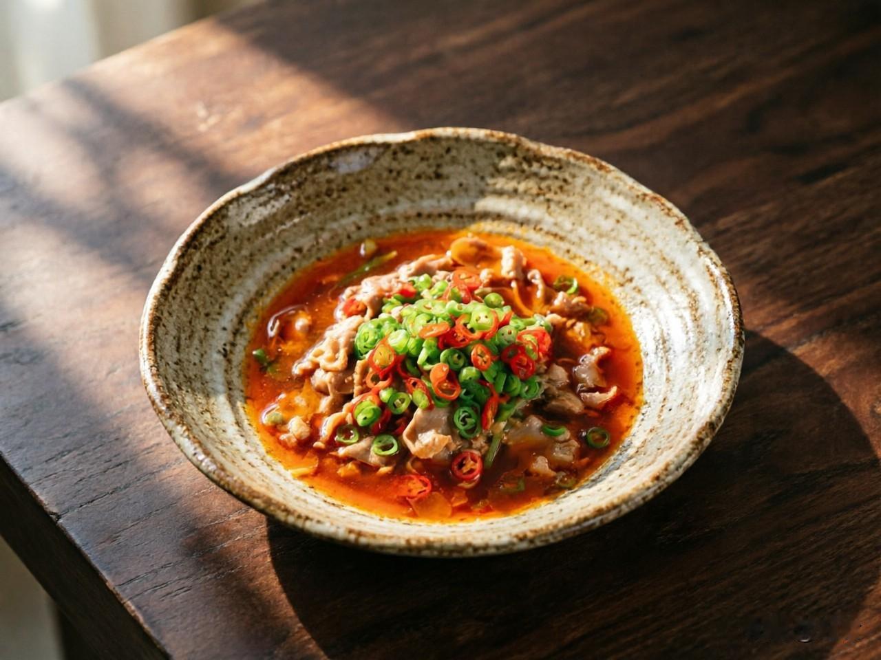 鲜椒红酸汤牛舌

味型： 酸辣鲜香，牛舌脆嫩，色泽红亮诱人。

核心技法： 煮制