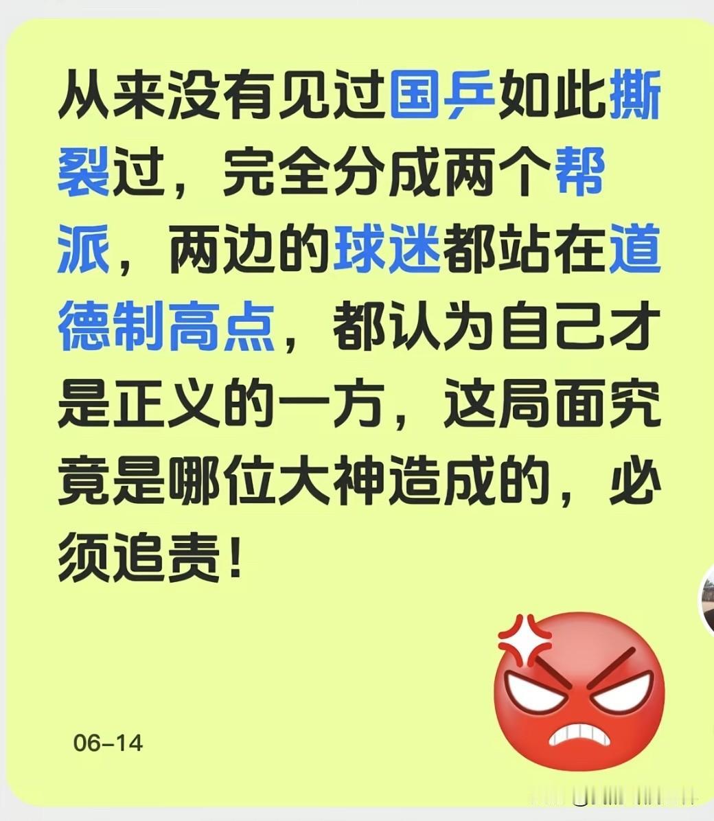 从来没有见过国乒如此撕裂过，完全分成两个帮派，两边的球迷都站在道德制高点，都认为