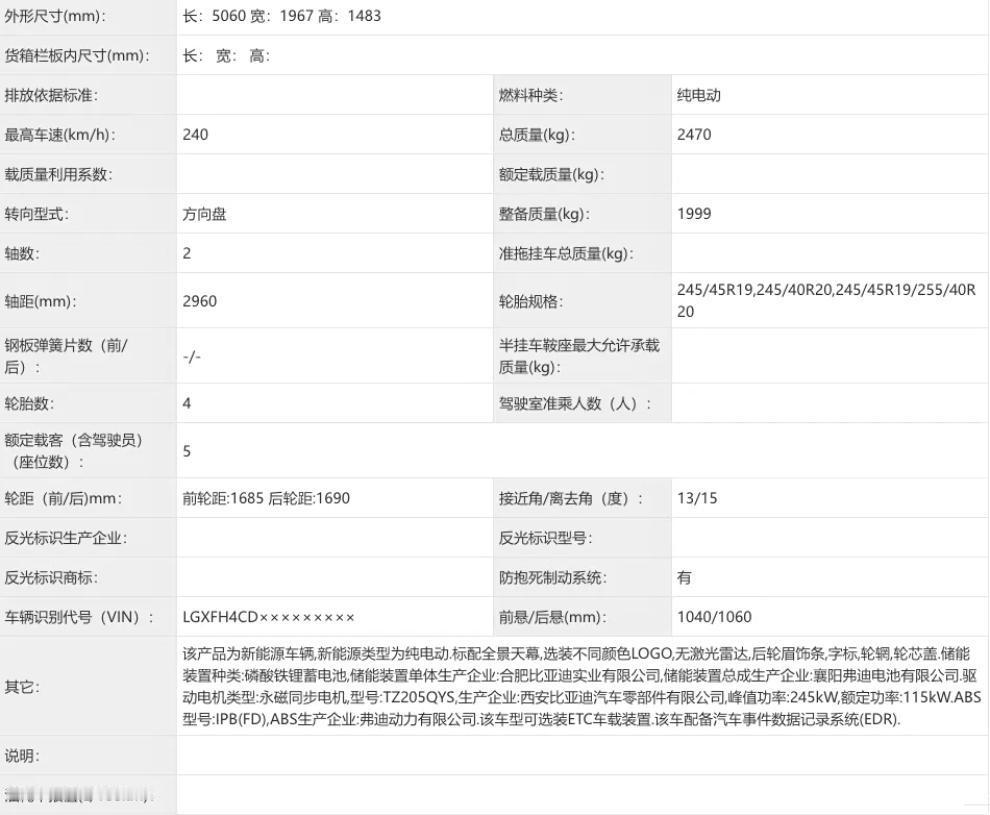 方程豹S申报图曝光，中大型纯电三厢轿车，提供后驱和四驱版本，将会配备第二代刀片电