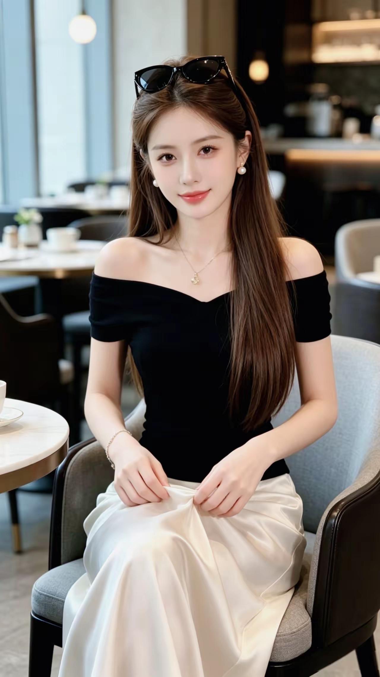 优雅咖啡馆里的时尚少女，黑白色调穿搭，尽显都市风范。高级感穿搭，温柔风穿搭。