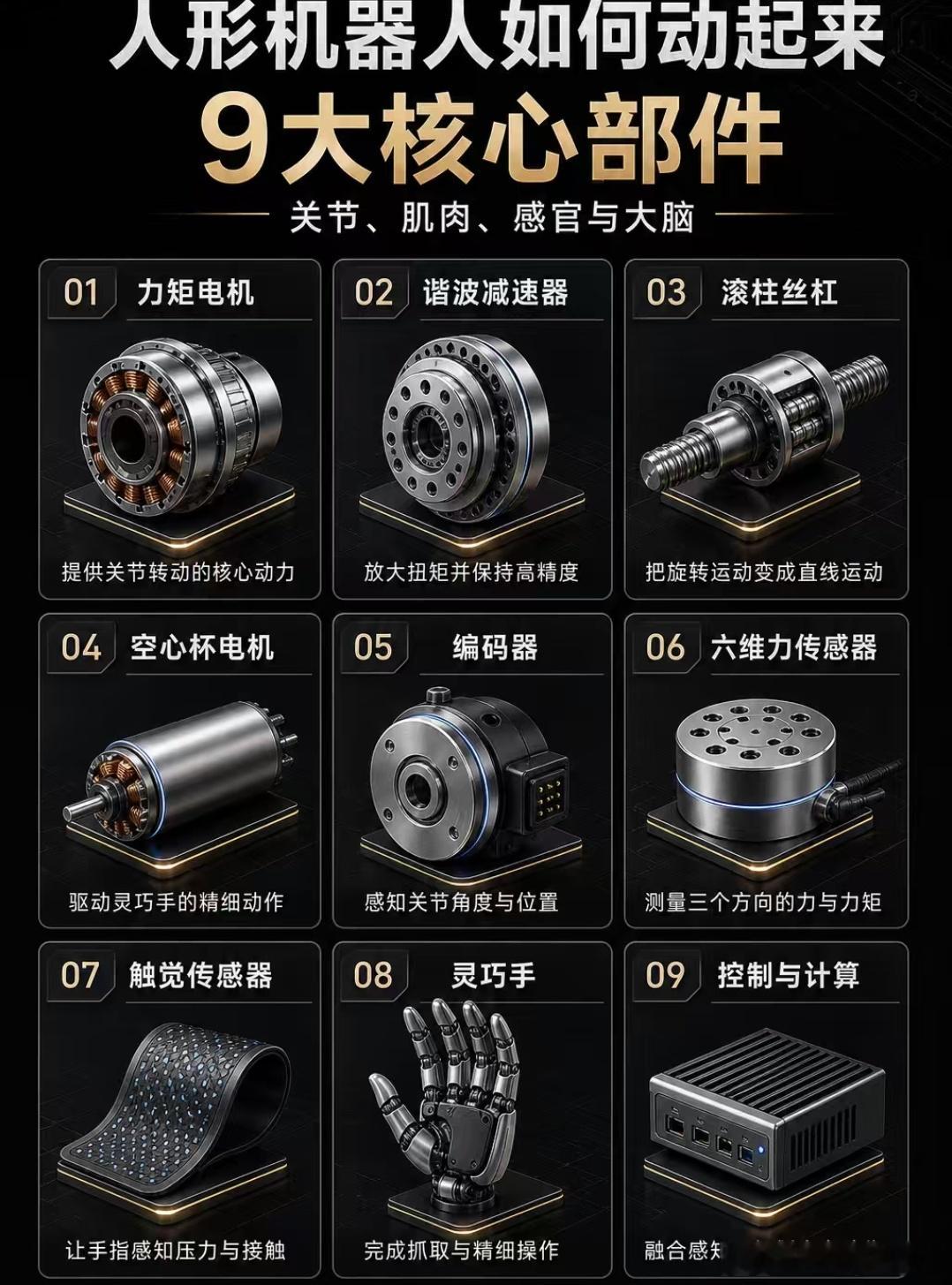 人形机器人能够灵活运动，离不开九大核心部件协同工作。力矩电机输出关节转动的核心动