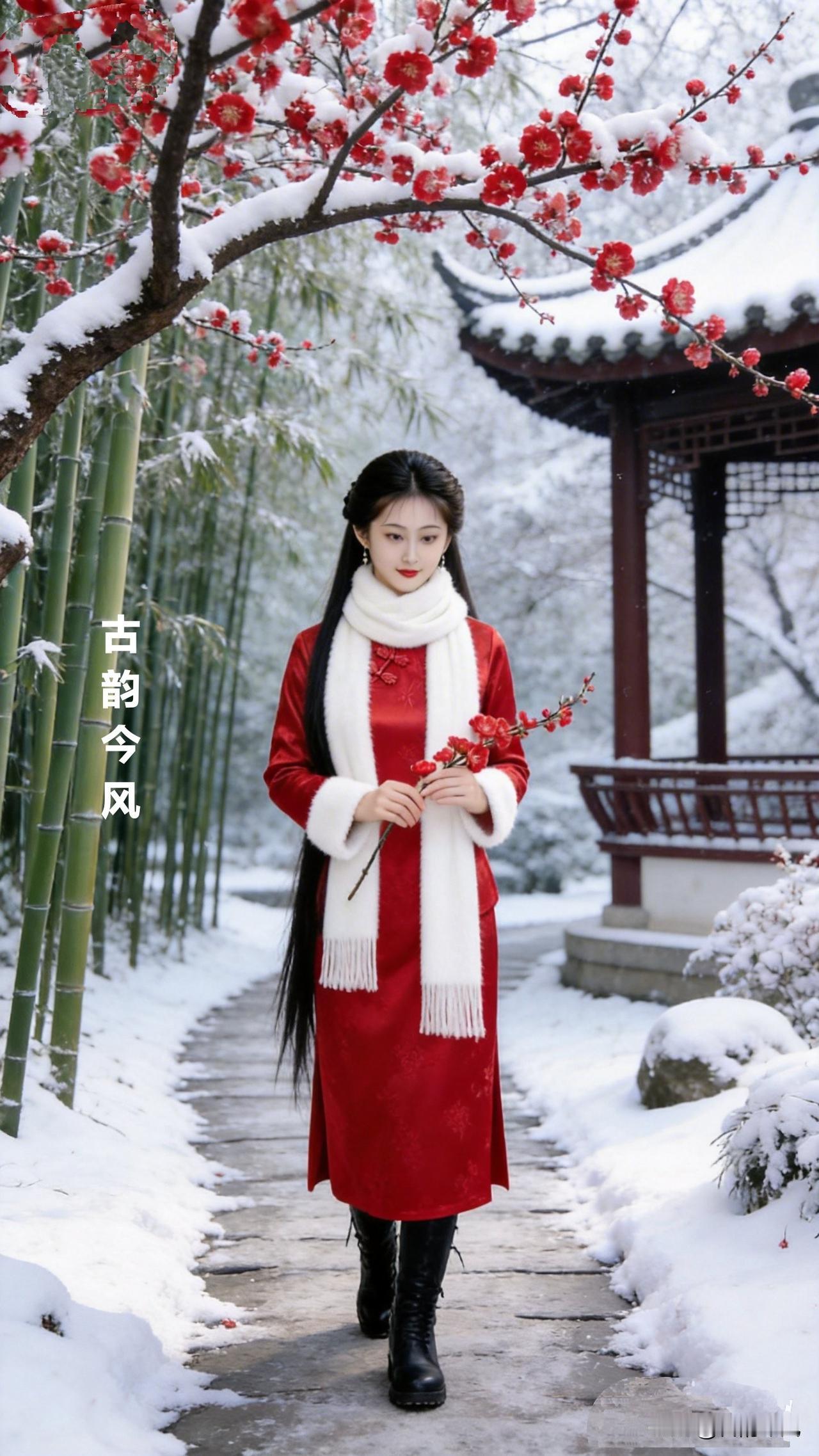 上联:雪压梅枝红欲燃，竹影摇阶添雅韵，
下联:风拂亭角香初透，红衣踏雪觅诗情。