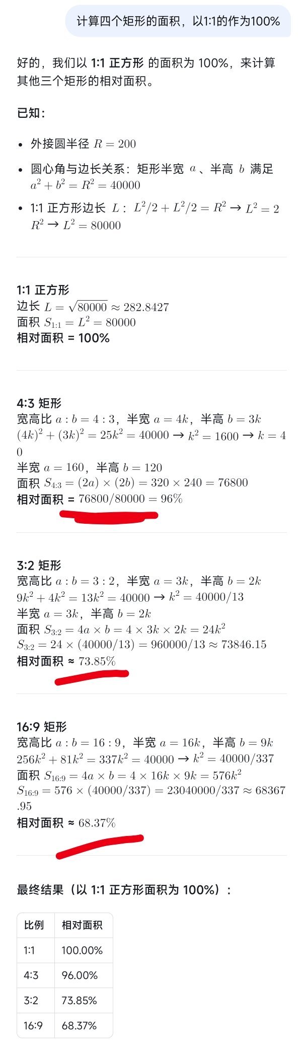 今天让ds根据要求作图并计算相对面积将1:1作为100%，这是我的指令ds计算4