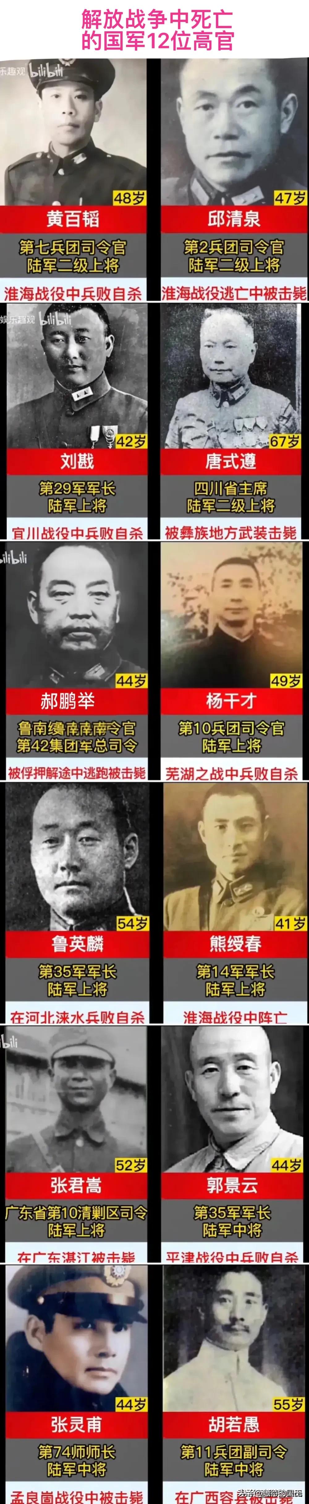 黄百韬上将——淮海战役兵败自杀
邱清泉上将——淮海战役逃跑时被击毙
熊绶春上将—