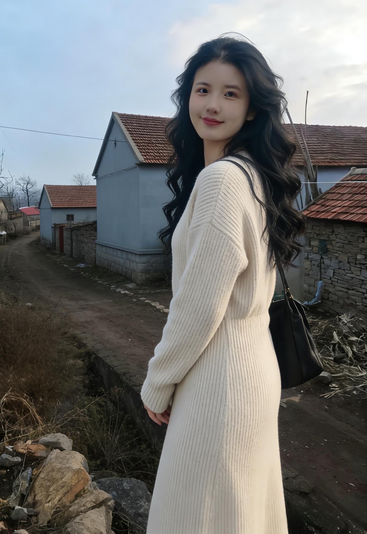 晴空淡淡映芳姿，俏立村头意自迟。
一袭针衫尘不染，风梳发尾惹相思。