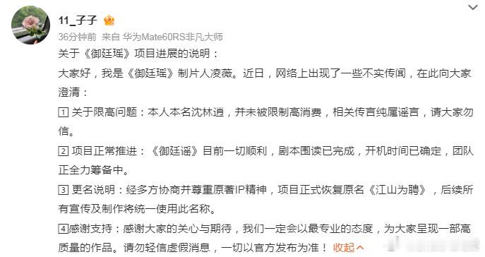 御廷谣制片人否认被限高御廷谣恢复原名江山为聘 ​​​17日，《御廷谣》制片人凌薇