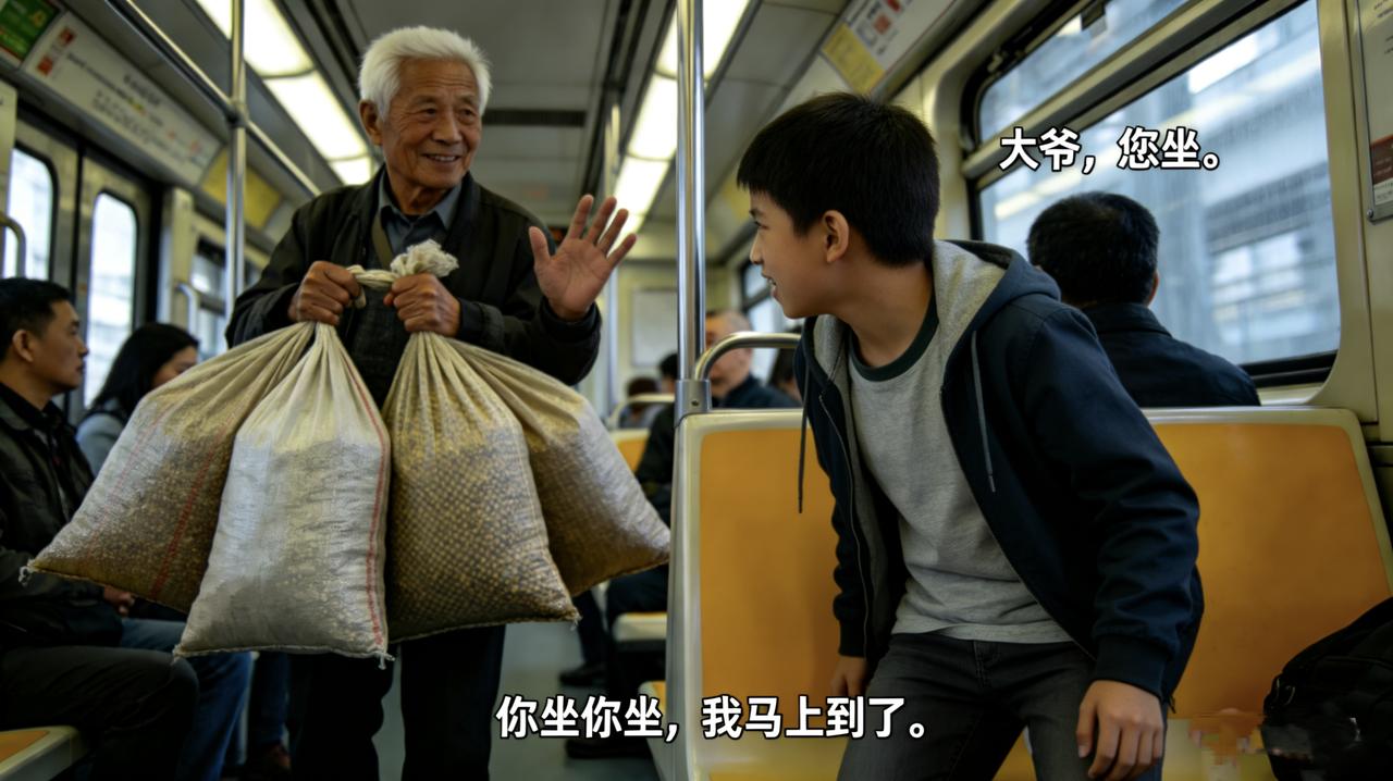 地铁里，一个男孩捧着手机打游戏，嘴里骂骂咧咧。
旁边站着个老人，拎着大包小包，大