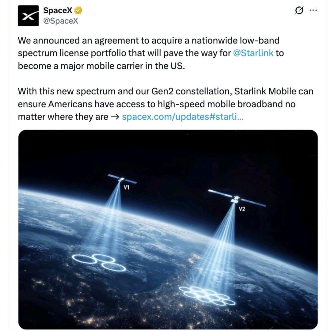 重磅！SpaceX拿下全美800MHz低频频谱，获批1.5万颗新卫星，星链变身独