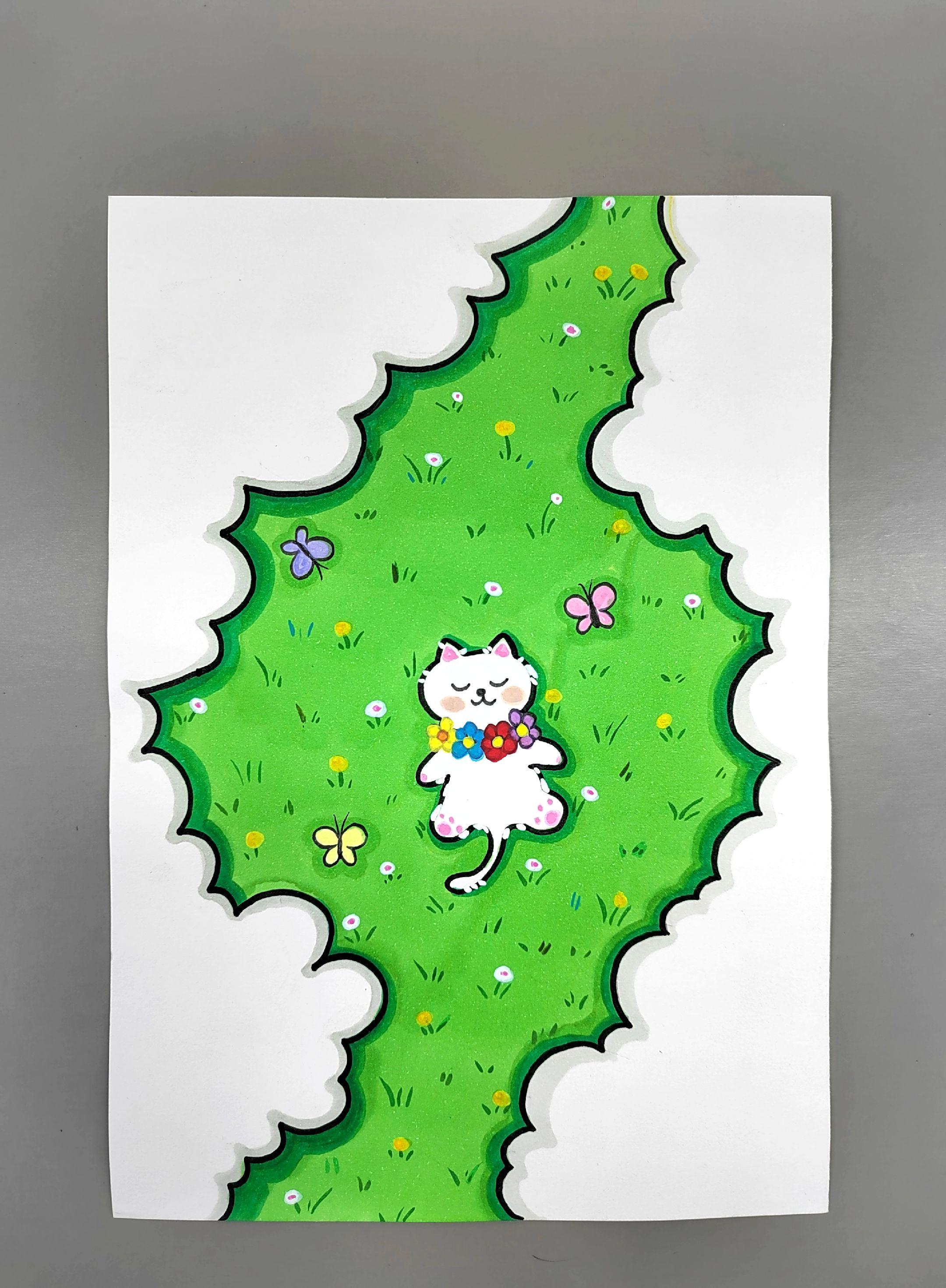 一起来画躺在草坪里的小猫咪吧，简单有趣，快来试试吧